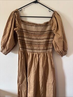 Old Navy Camel Smocked Puff-Sleeve Midi Dress